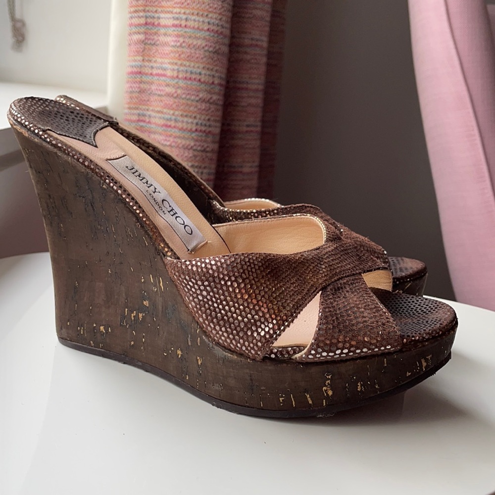 Jimmy Choo metallic and brown cork wedges